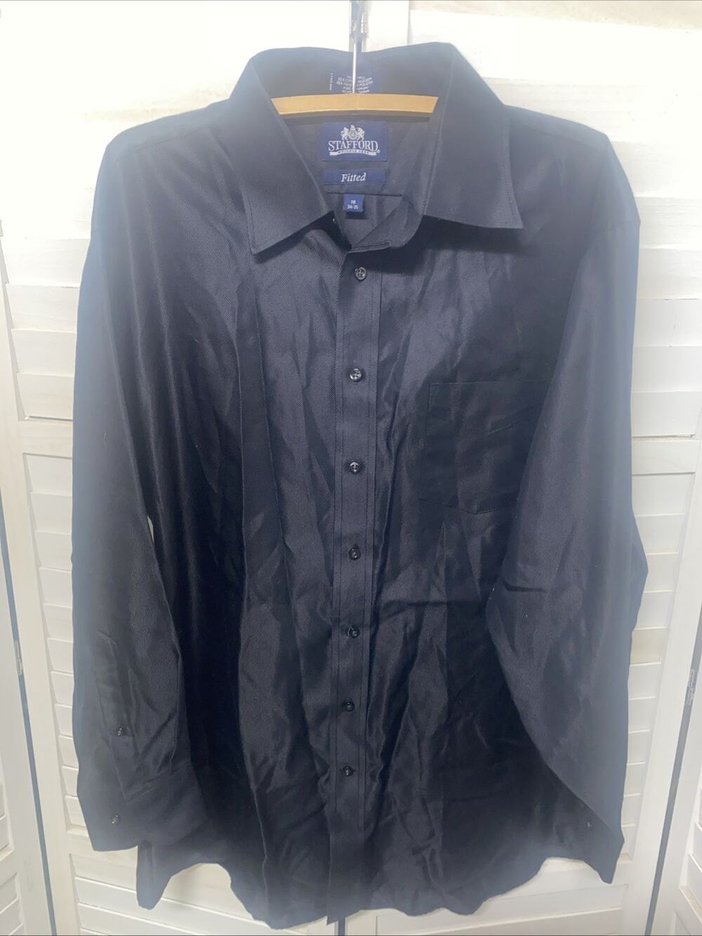 Stafford Men's 18 34-35 Shirt Solid Black Broadcloth Button Up LS Wrinkle Free
